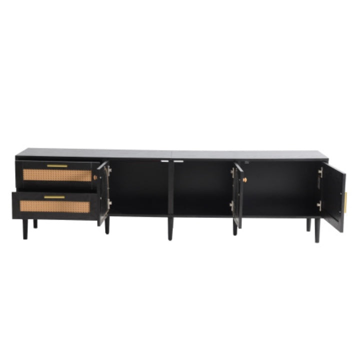 Rattan TV Stand With 3 Cabinets And 2 Drawers Black