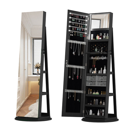 Anthony & Home Atelier 360-degree rotating jewelry cabinet with HD mirror, showing organized jewelry storage and sleek design.