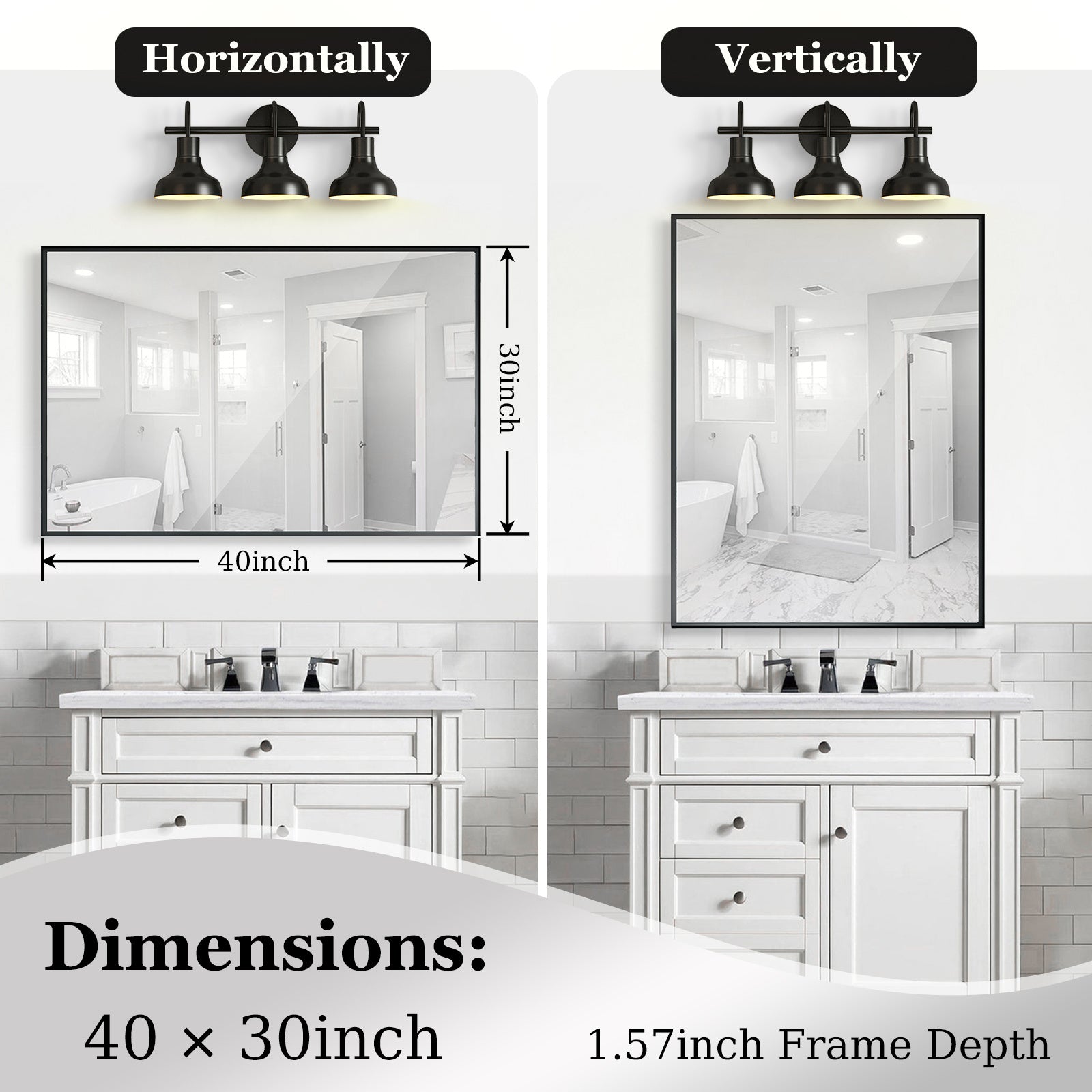 40x30 Inch Glossy Black Rectangular Bathroom Vanity Mirror