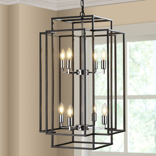 Geometric chrome pendant chandelier with 8 lights, modern design, hanging in a contemporary interior by Anthony & Home.