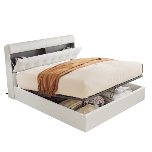 Upholstered Bed 150x200 King Hydraulic Storage Cream White