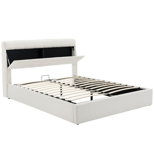 Upholstered Bed 150x200 King Hydraulic Storage Cream White