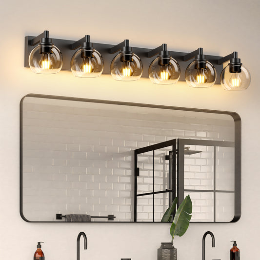 Matte black iron vanity light with glass shade, stylish bathroom or hallway fixture by Anthony & Home.