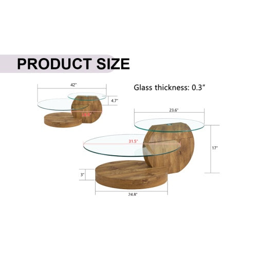 Modern Double Layer Round Table With Glass Top Wood Legs