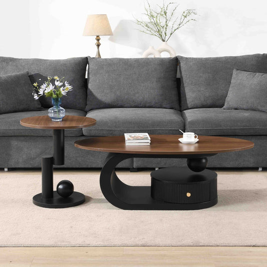 Anthony & Home black iron frame nesting coffee tables set with natural wood tops, featuring two stylish, modern side tables.