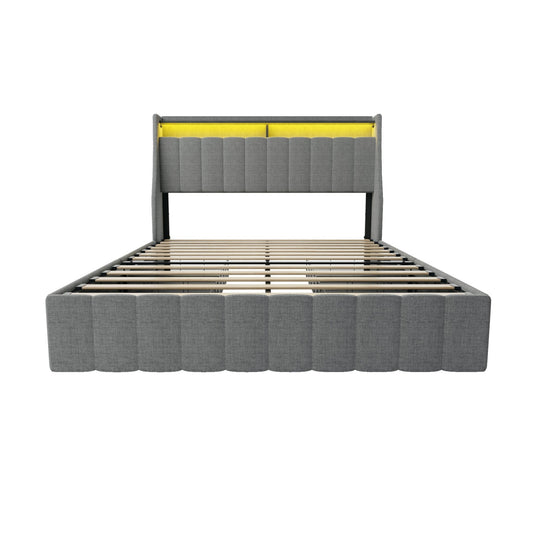 Queen linen upholstered bed frame with winged headboard by Anthony & Home, showcasing a stylish and comfortable bedroom centerpiece.