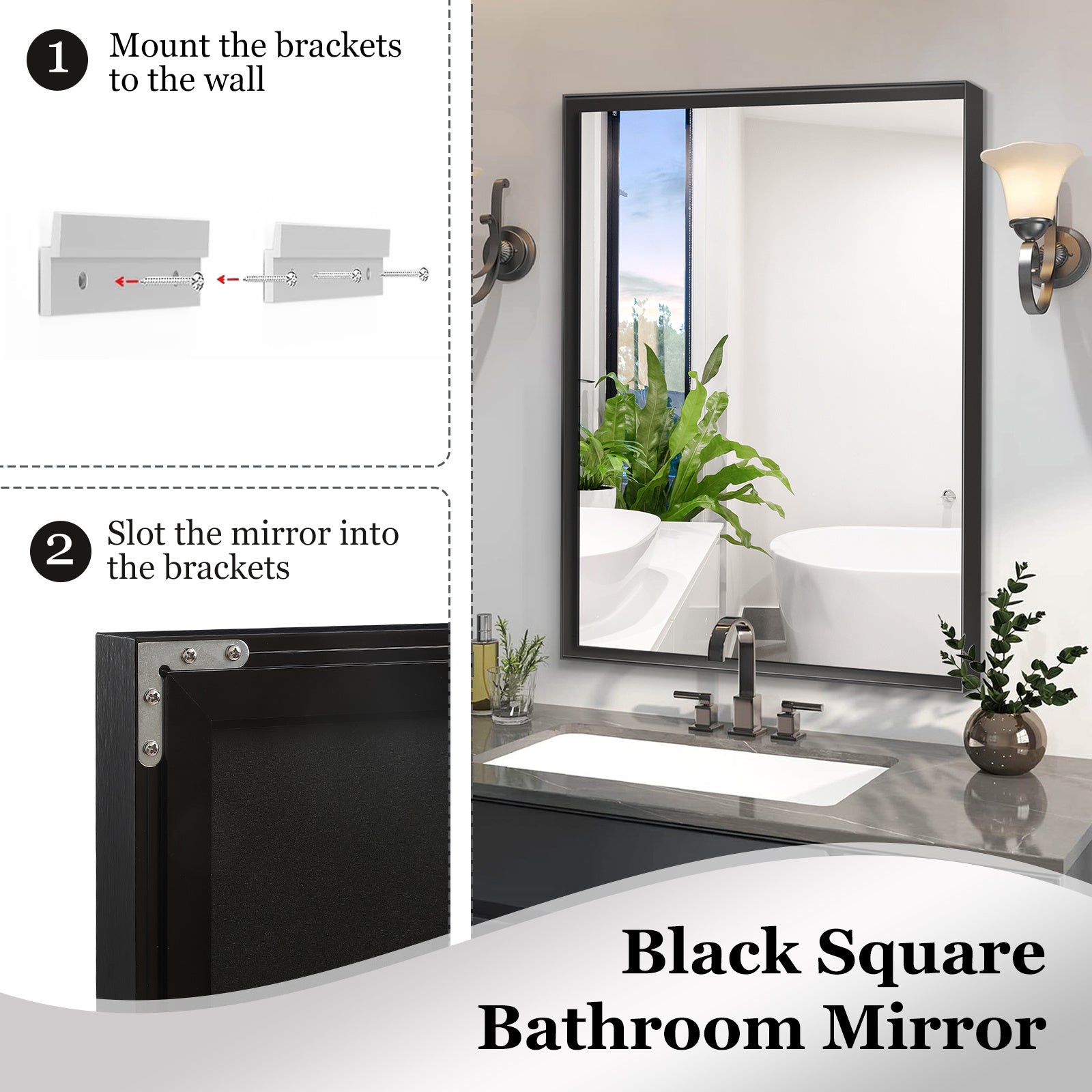 40x30 Inch Glossy Black Rectangular Bathroom Vanity Mirror