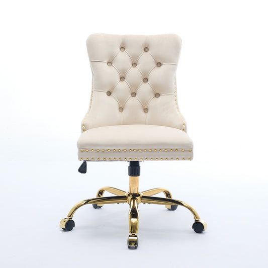 Beige velvet tufted A&A office chair by Anthony & Home with adjustable height, swivel base, and ergonomic design.