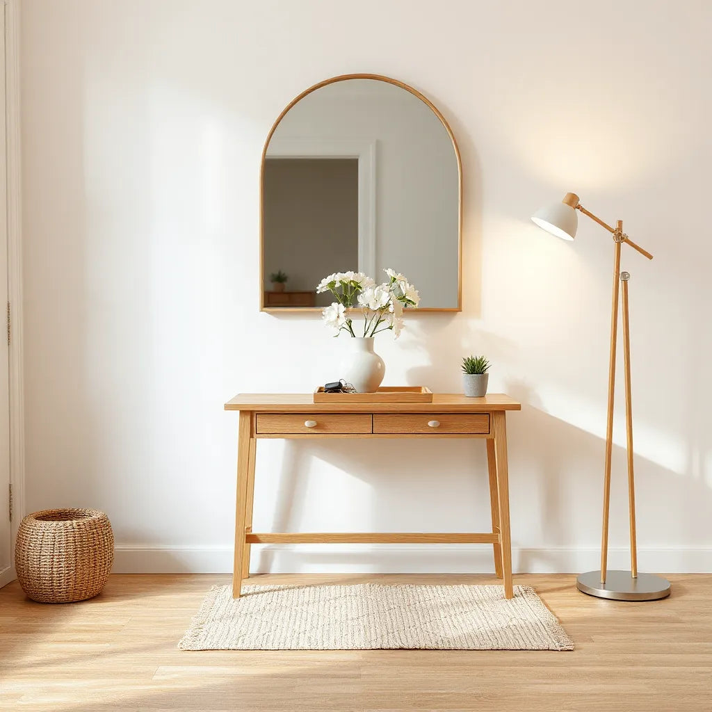 Modern entryway table with tray, keys, vase of flowers, and mirror for stylish storage