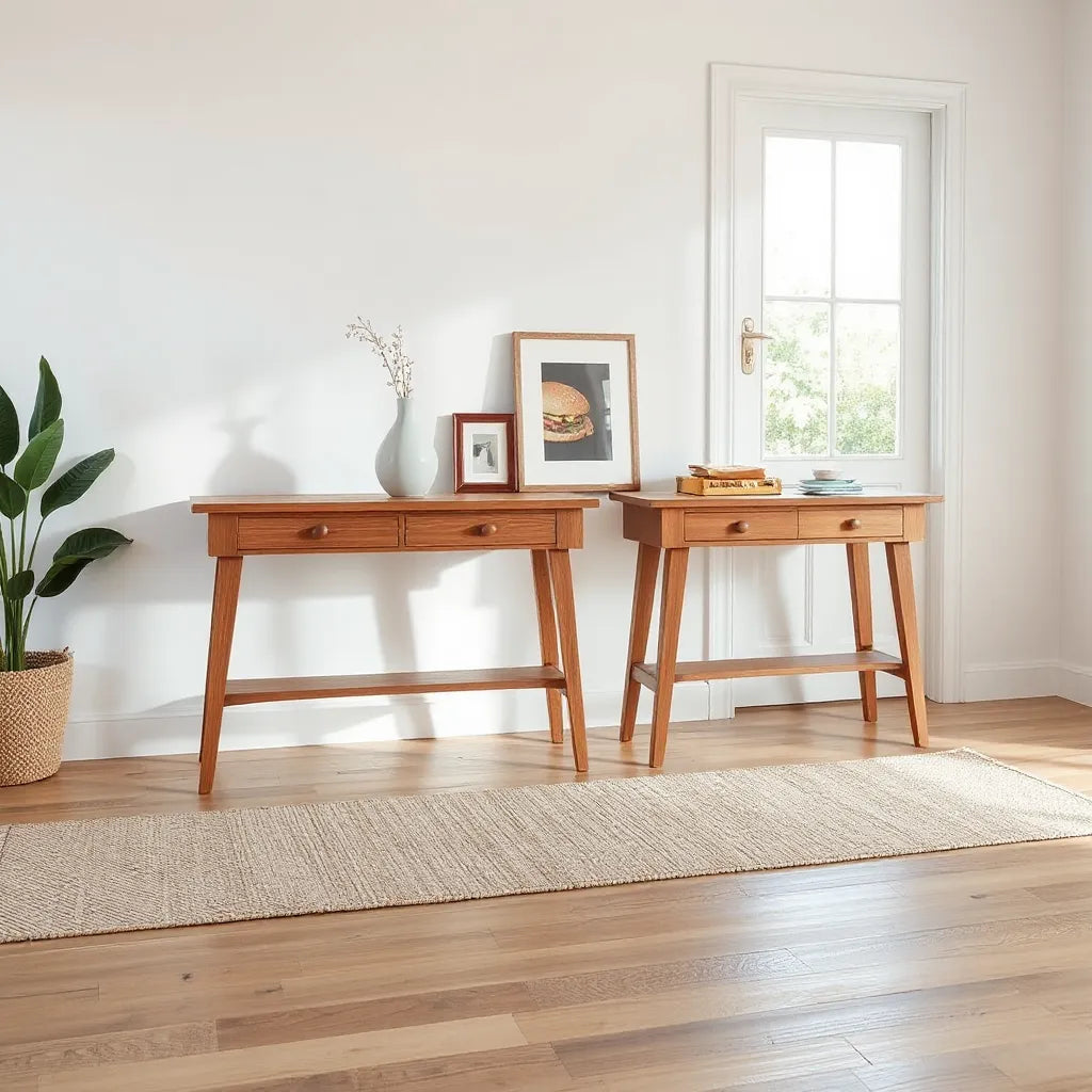 Warm wood handcrafted console tables with simple decor in a bright entryway