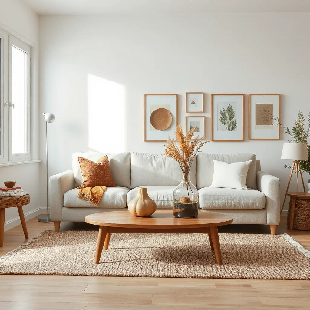 Curated living room with sofa, coffee table, rug, and decorative vase in natural light