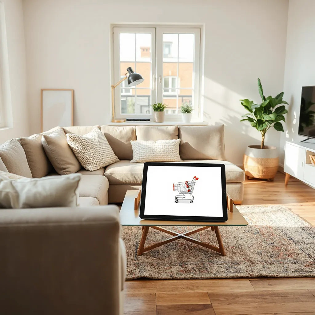 Bright living room with neutral furniture and a tablet showing online shopping with no readable text.