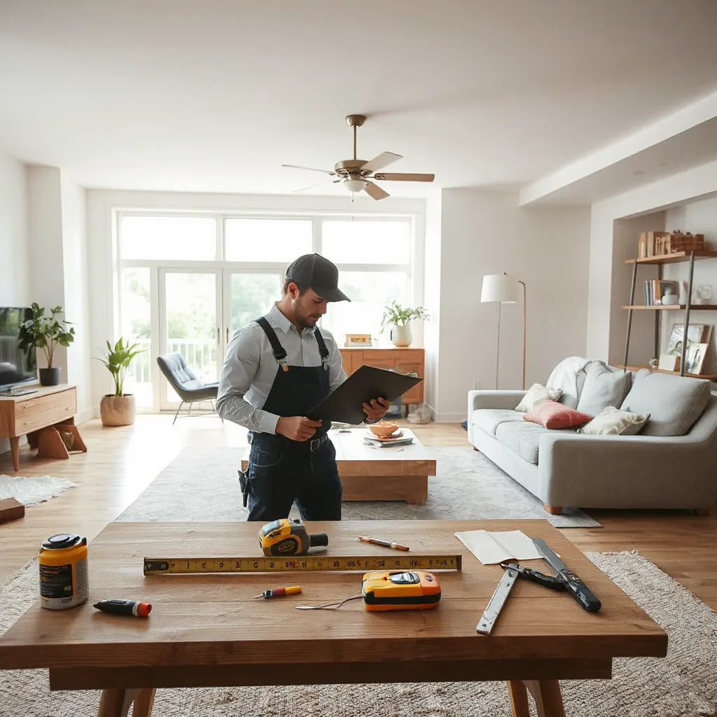 Contractor reviewing renovation progress in a living room with tools, level, and partially finished walls