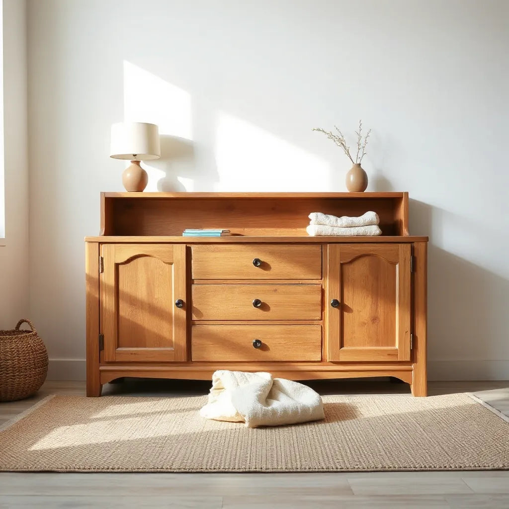 Antique natural wood dresser with visible grain, styled with a lamp and neutral decor in warm daylight