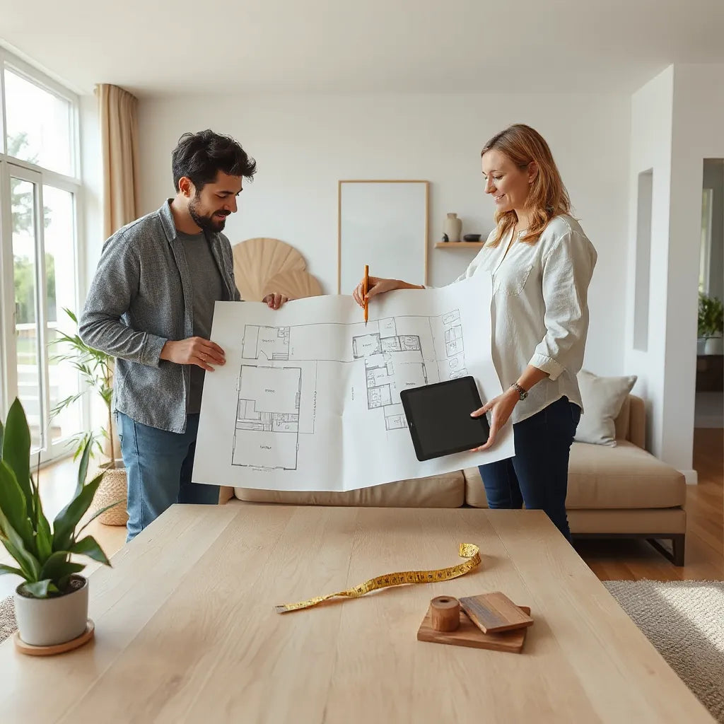 Designer and homeowner review a floor plan on a table in a bright modern living room