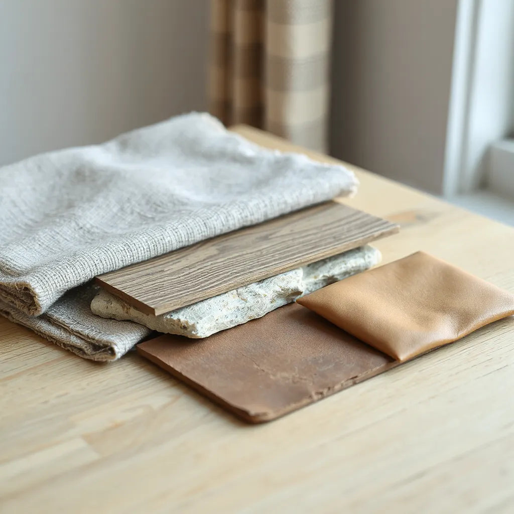 Assorted home material samples including wood, fabric, metal, stone, and leather tones