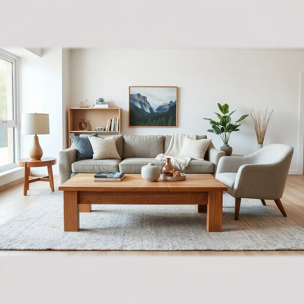 Neutral living room featuring a solid wood coffee table and well-upholstered sofa and armchair