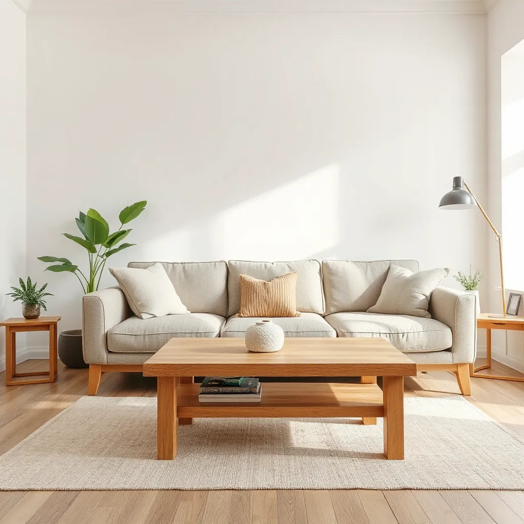 Minimal living room with a natural wood sofa and coffee table, linen upholstery, and indoor plant