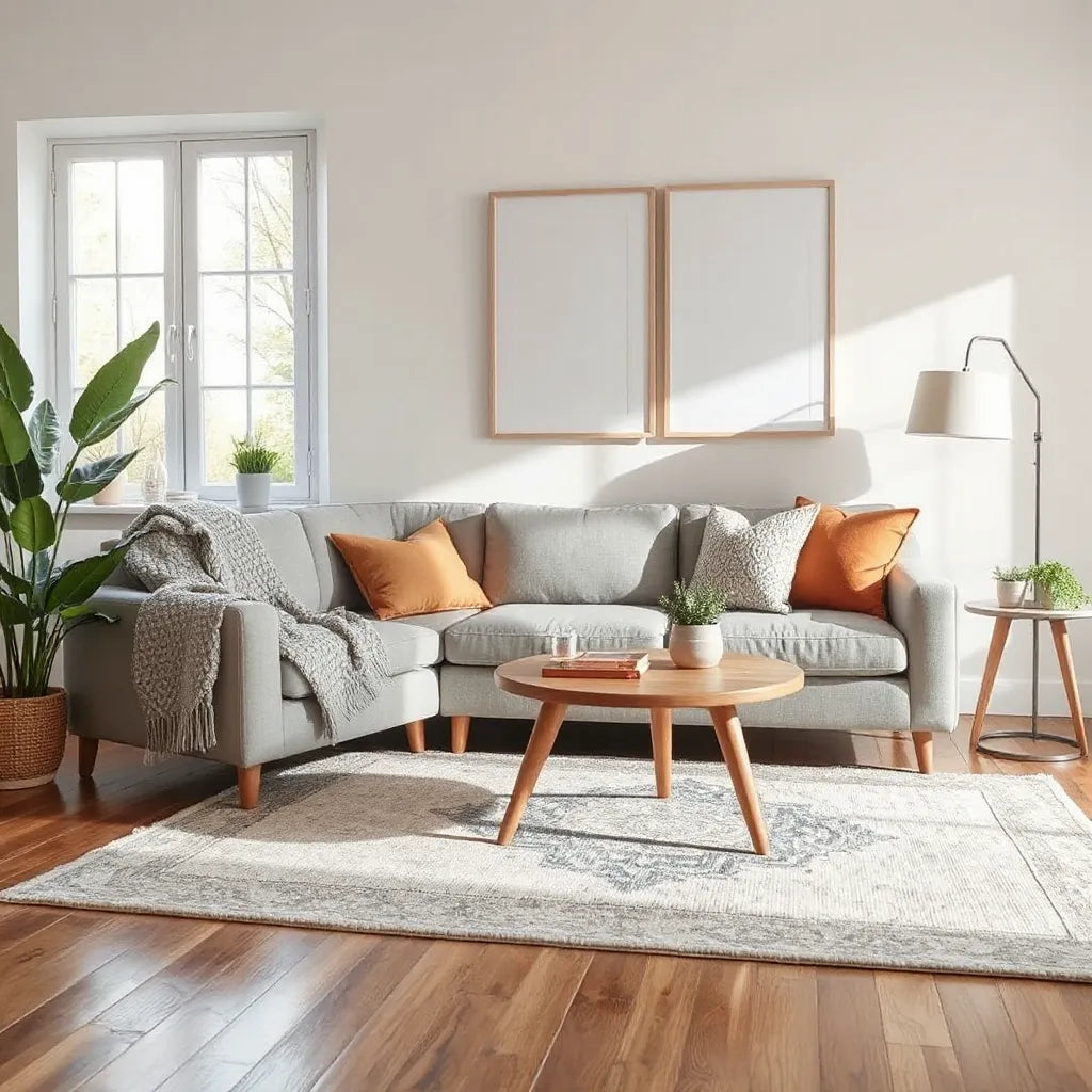 Bright living room with stylish decor items like framed art, a rug, and indoor plants