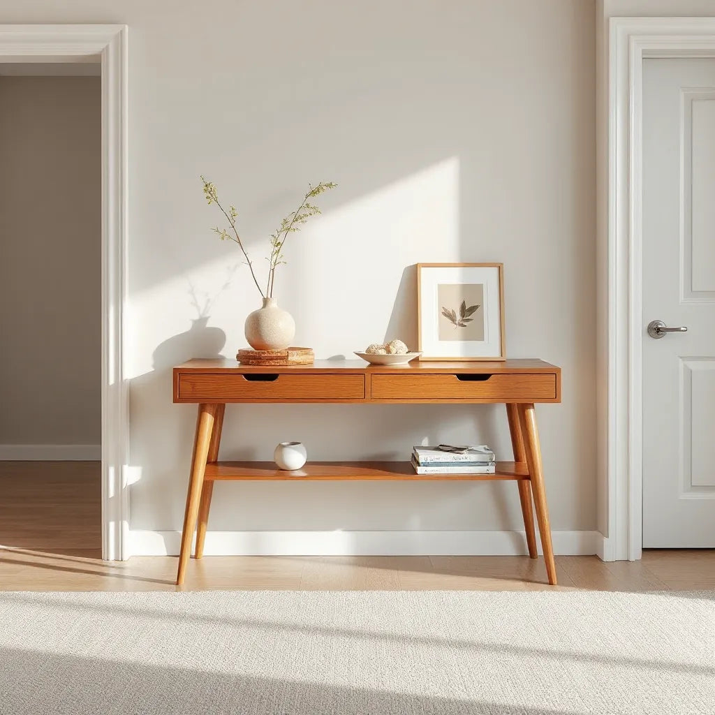 Mid-century modern console table styled with a vase, books, and a tray in a bright living room entryway