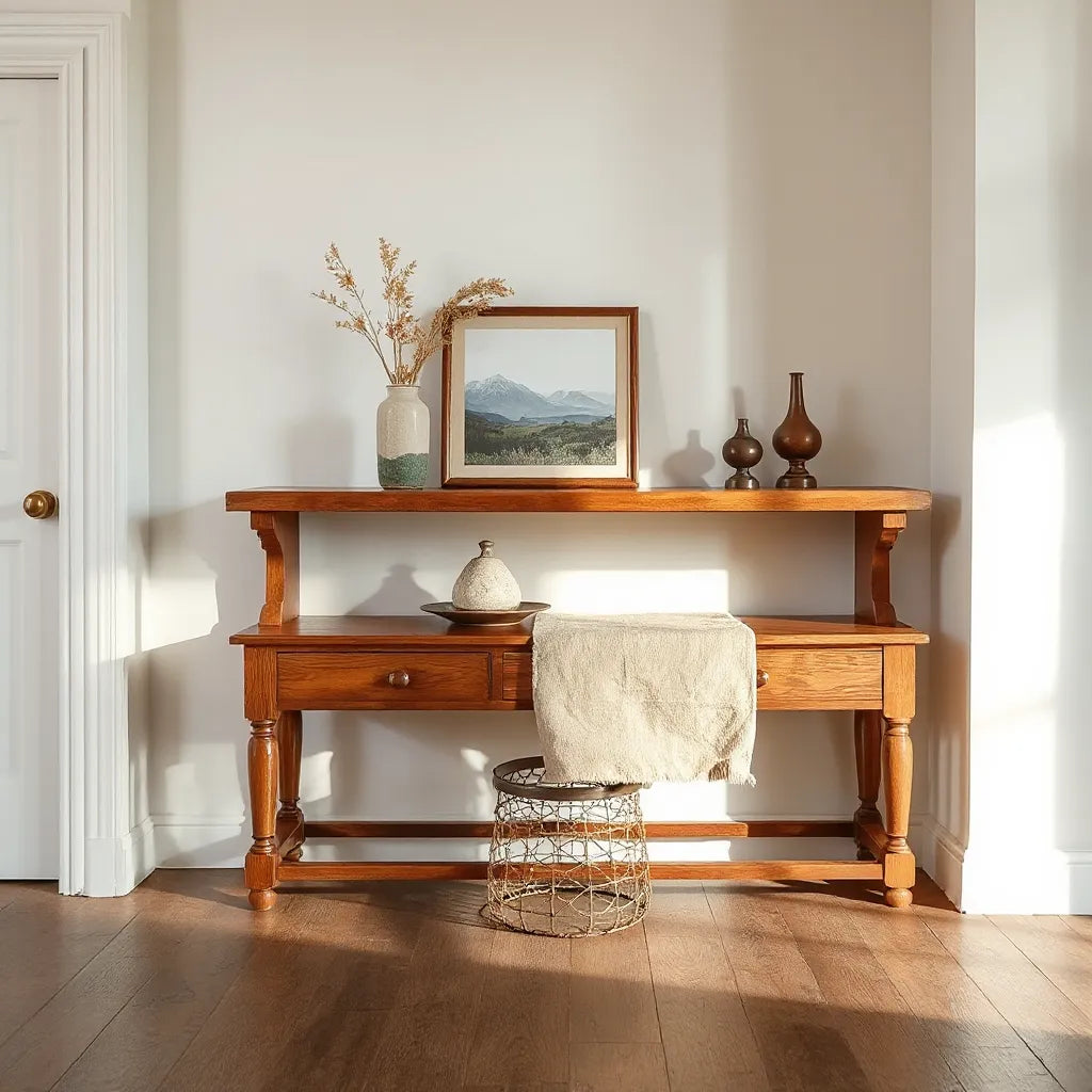 Heritage rustic console table styled with a linen runner, vase of dried botanicals, and framed decor