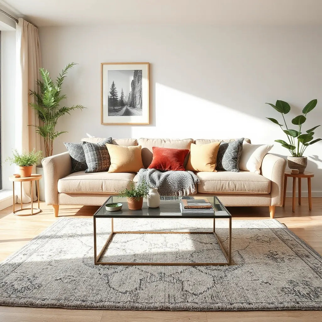 Bright living room with neatly styled sofa, coffee table decor, rug, plants, and wall art