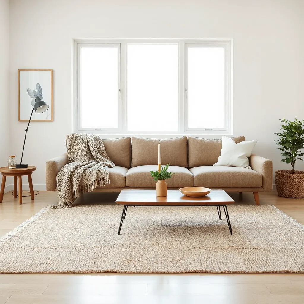 Bright living room with comfortable seating, layered rugs, warm lighting, and tasteful decor