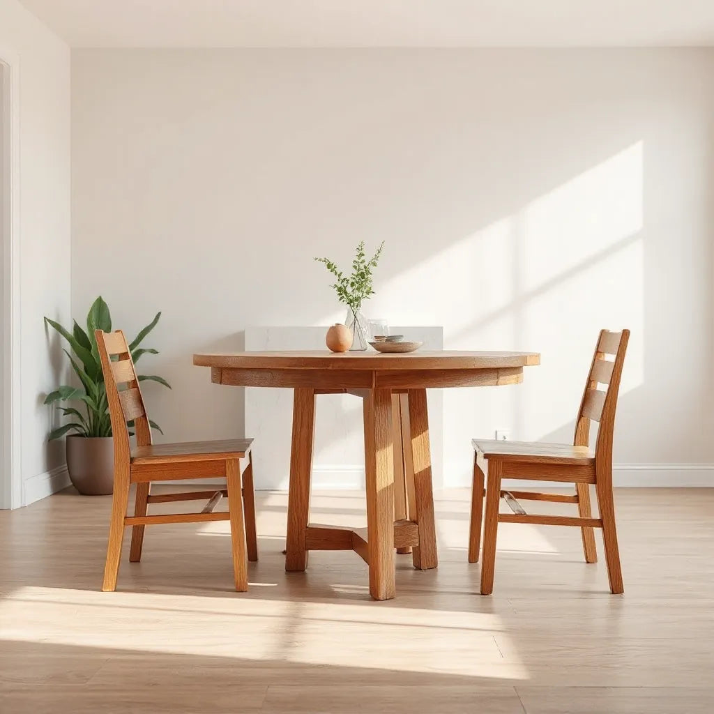 Solid wood dining table with natural finish and visible grain in a bright, uncluttered room