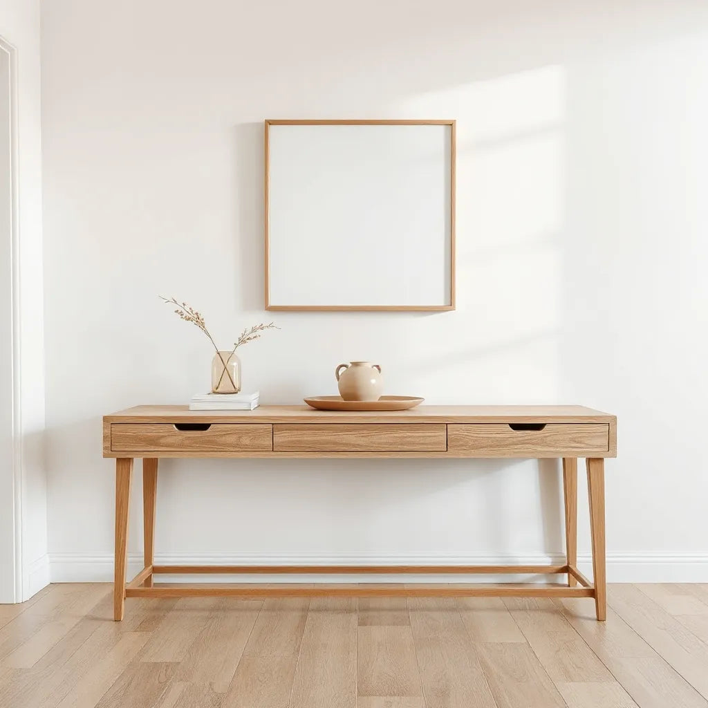Rectangular console table styled with a small vase, books, and a minimalist mirror in a bright entryway