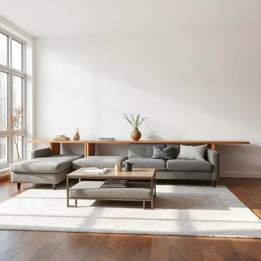 Living room showing modular seating, expandable table, and storage ottoman for flexible space use