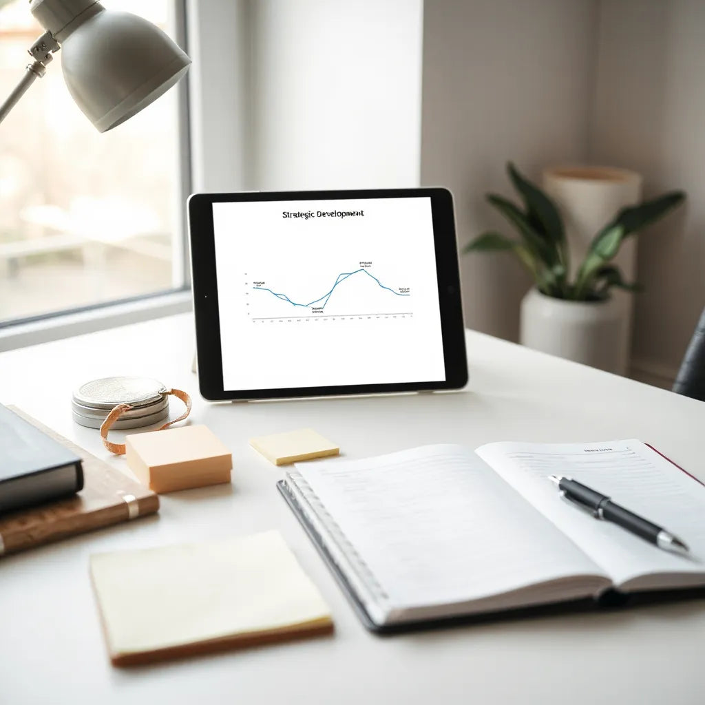 Minimalist desk setup with a roadmap graphic on a tablet and planning tools for strategy execution