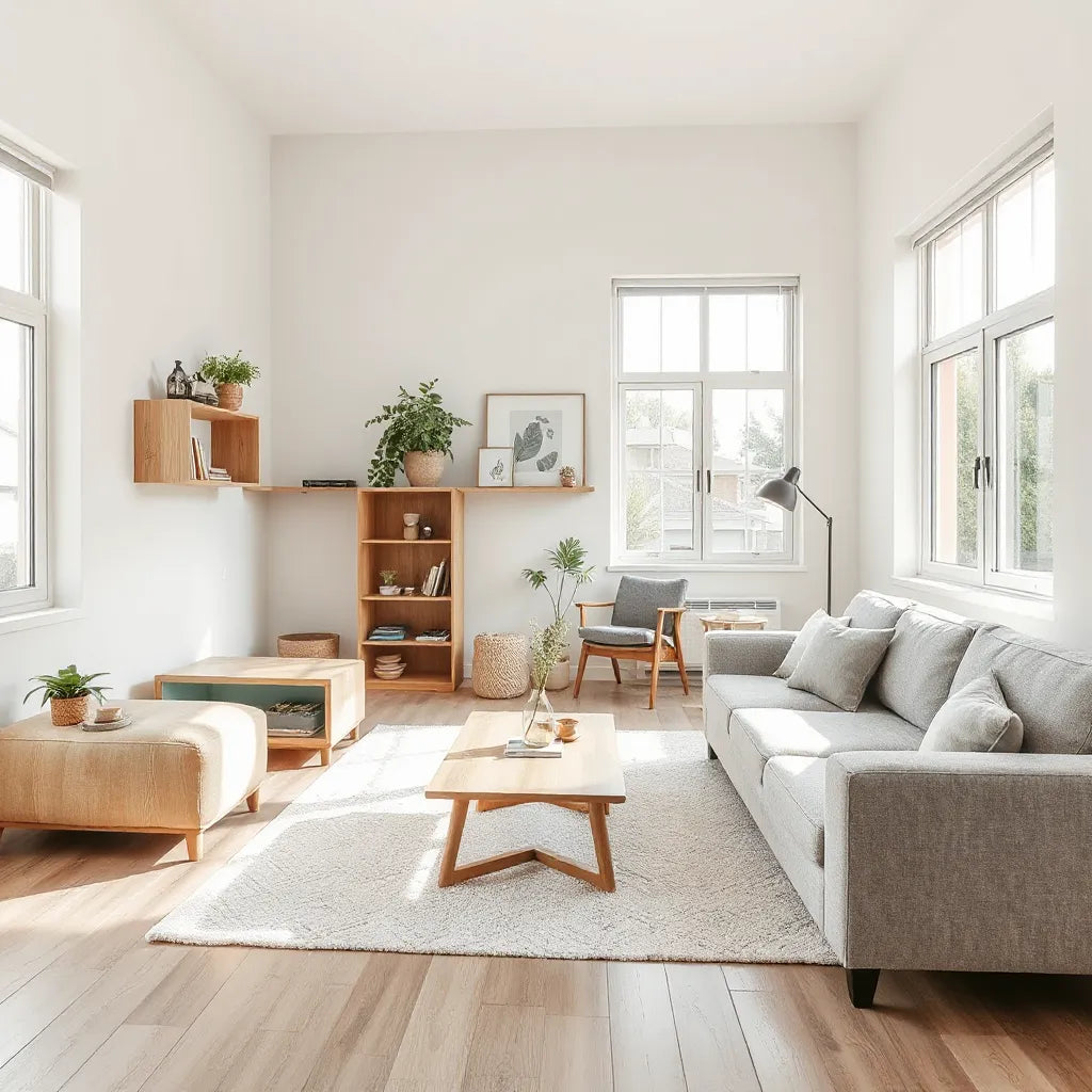 Bright living room with modular seating, storage coffee table, and open shelving layout