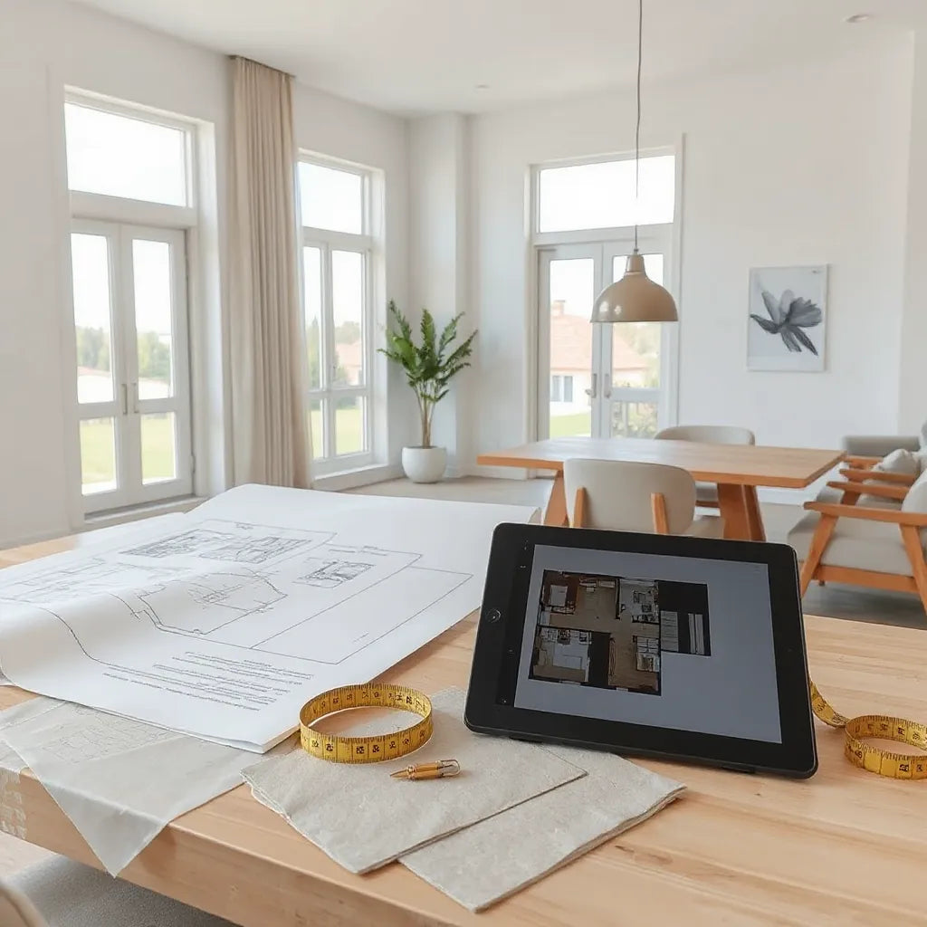 Architect reviewing blueprint plans for a modern custom home interior with a bright open layout