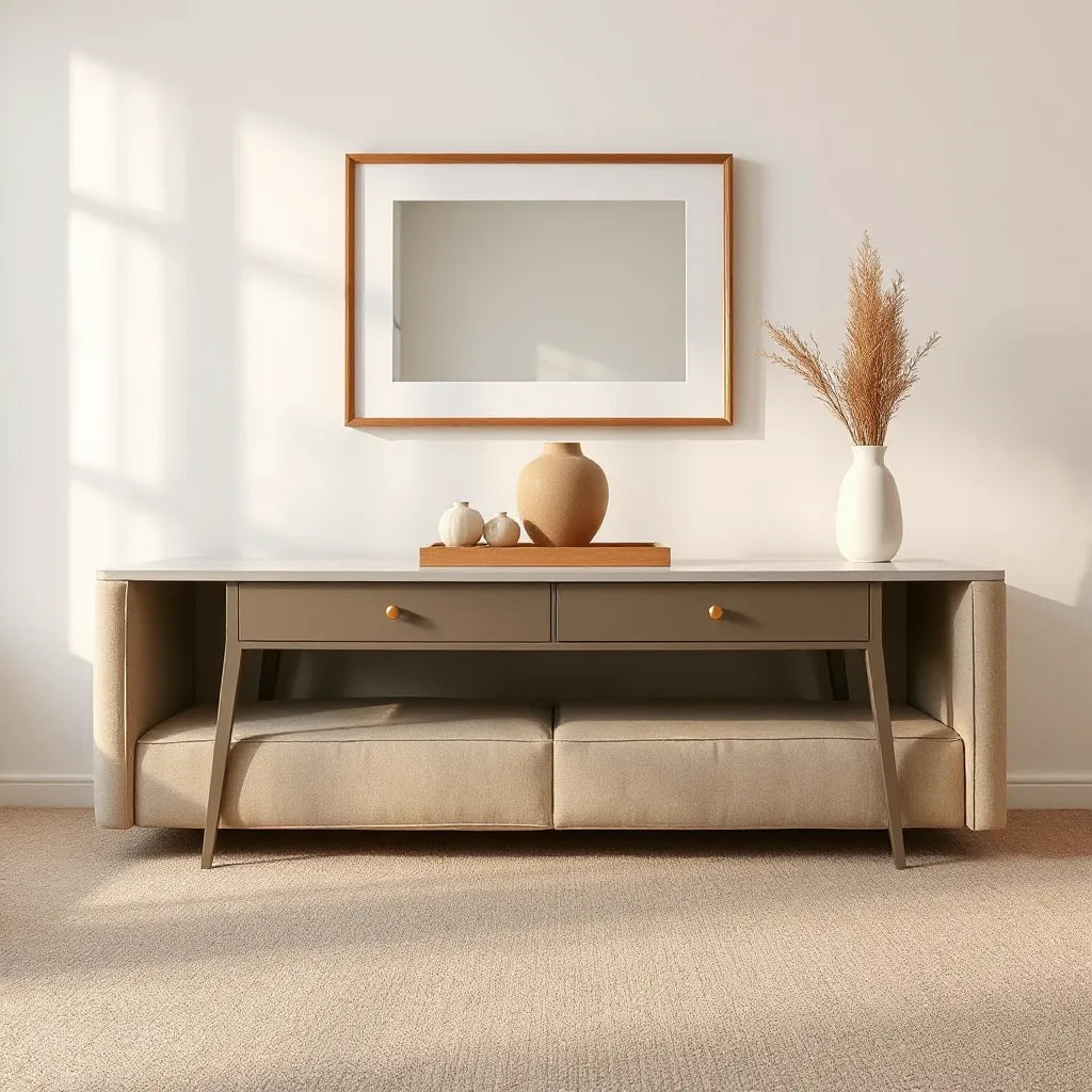 Elegant console table in a living room styled with a vase, tray, and mirror