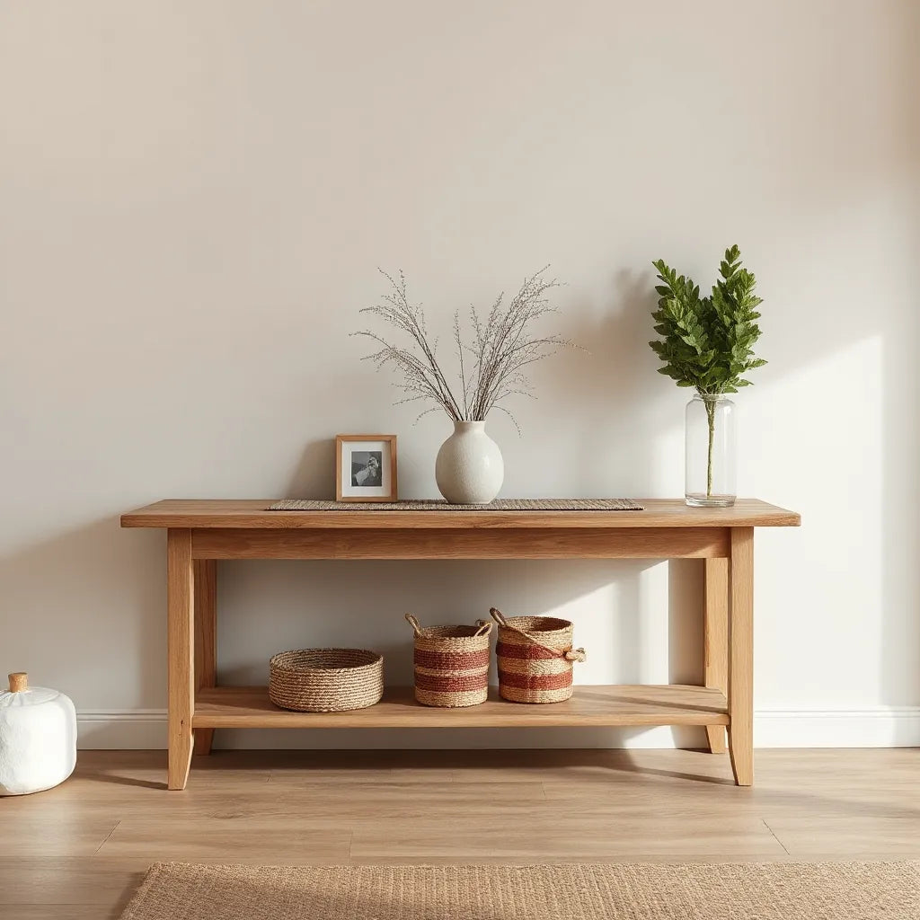 Rustic farmhouse console table styled with a vase, framed photo, and woven runner in a bright entryway