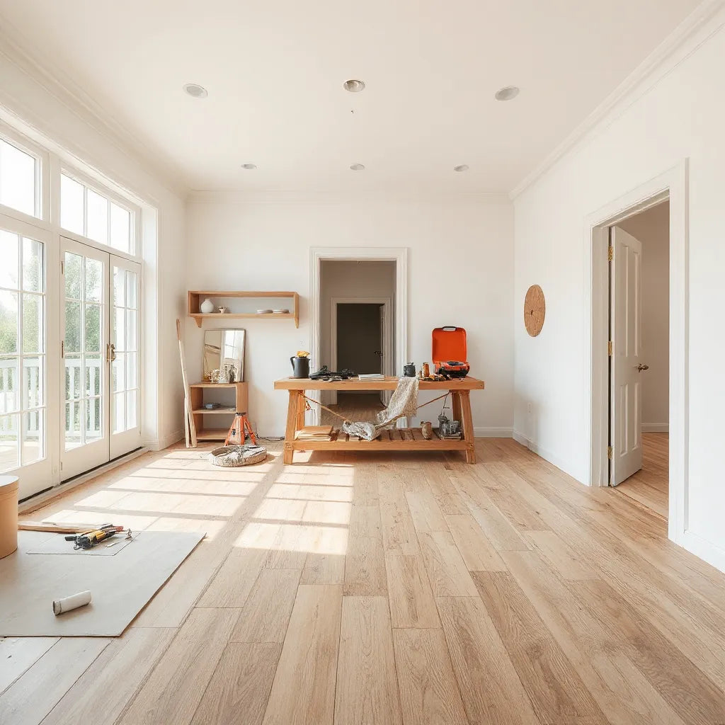 Bright living room under renovation with tools and a contractor workbench