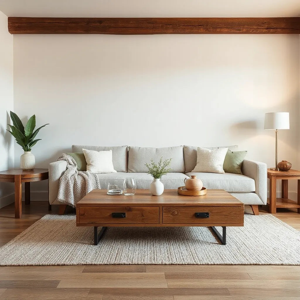 Modern rustic living room with reclaimed wood coffee table, neutral sofa, and warm ambient lighting
