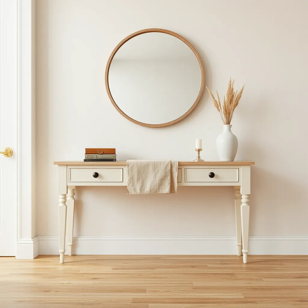 Light wood modern farmhouse console table styled with a mirror, runner, vase, and candles in a bright entryway