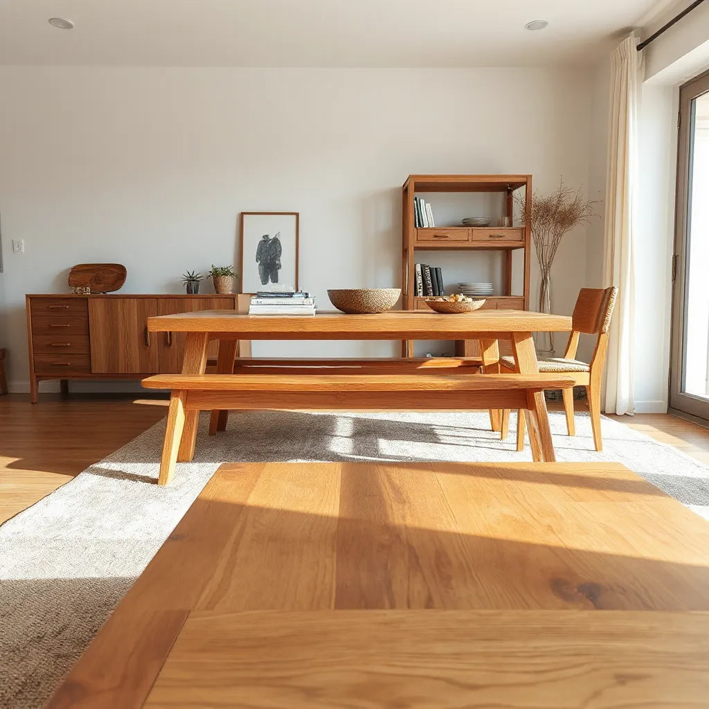 Warm, natural wood dining and living room furniture with visible grain and soft neutral styling