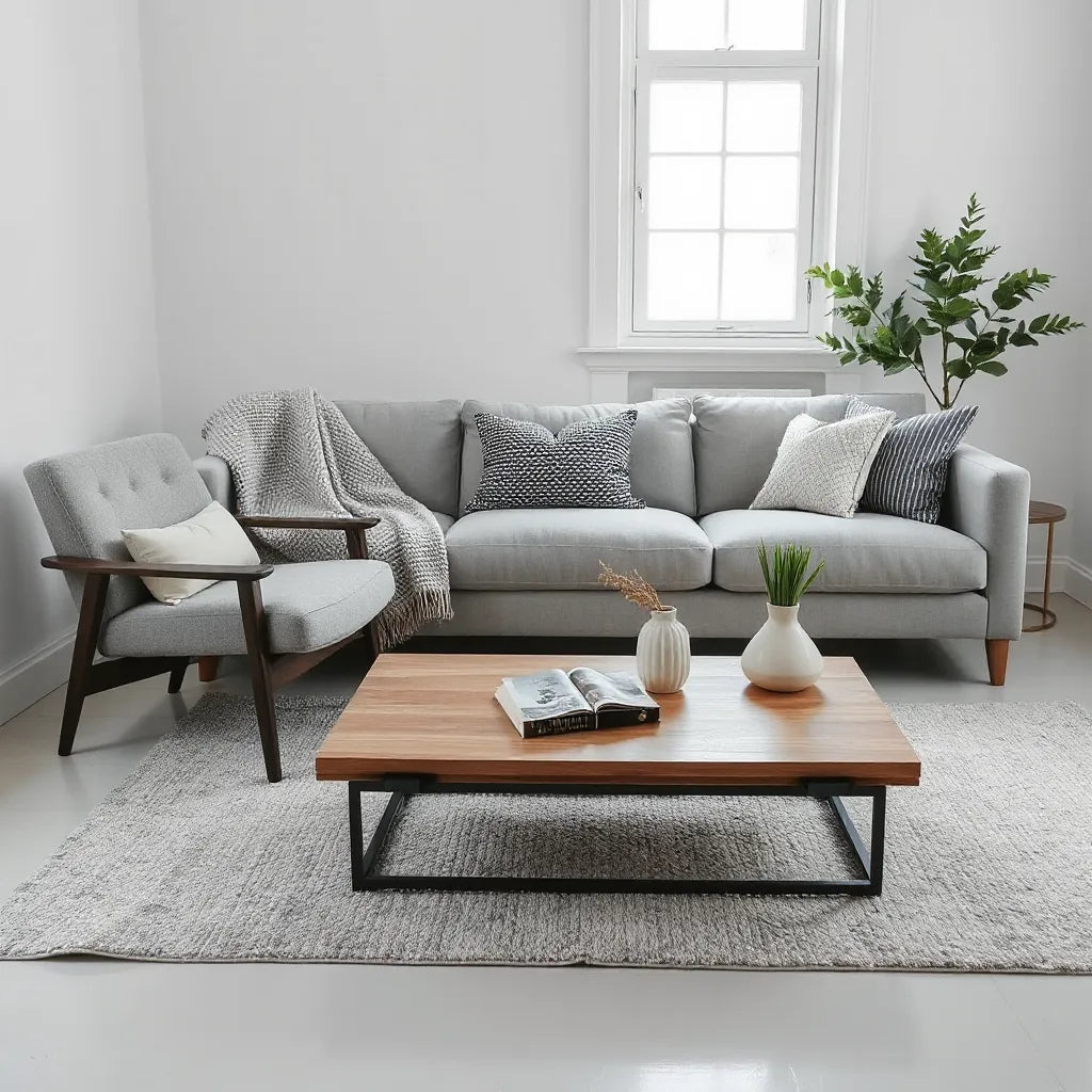 Curated living room with coordinated sofa, rug, coffee table, and simple decor items in natural light