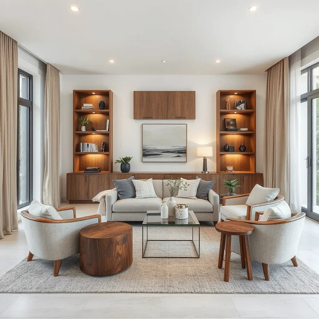 Warm modern living room with custom built-in shelving, tailored furniture, and soft daylight
