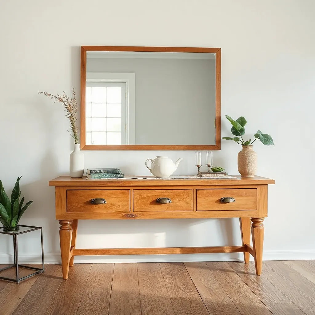 Heritage rustic console table with warm wood finish, styled decor, and soft natural light in a living space
