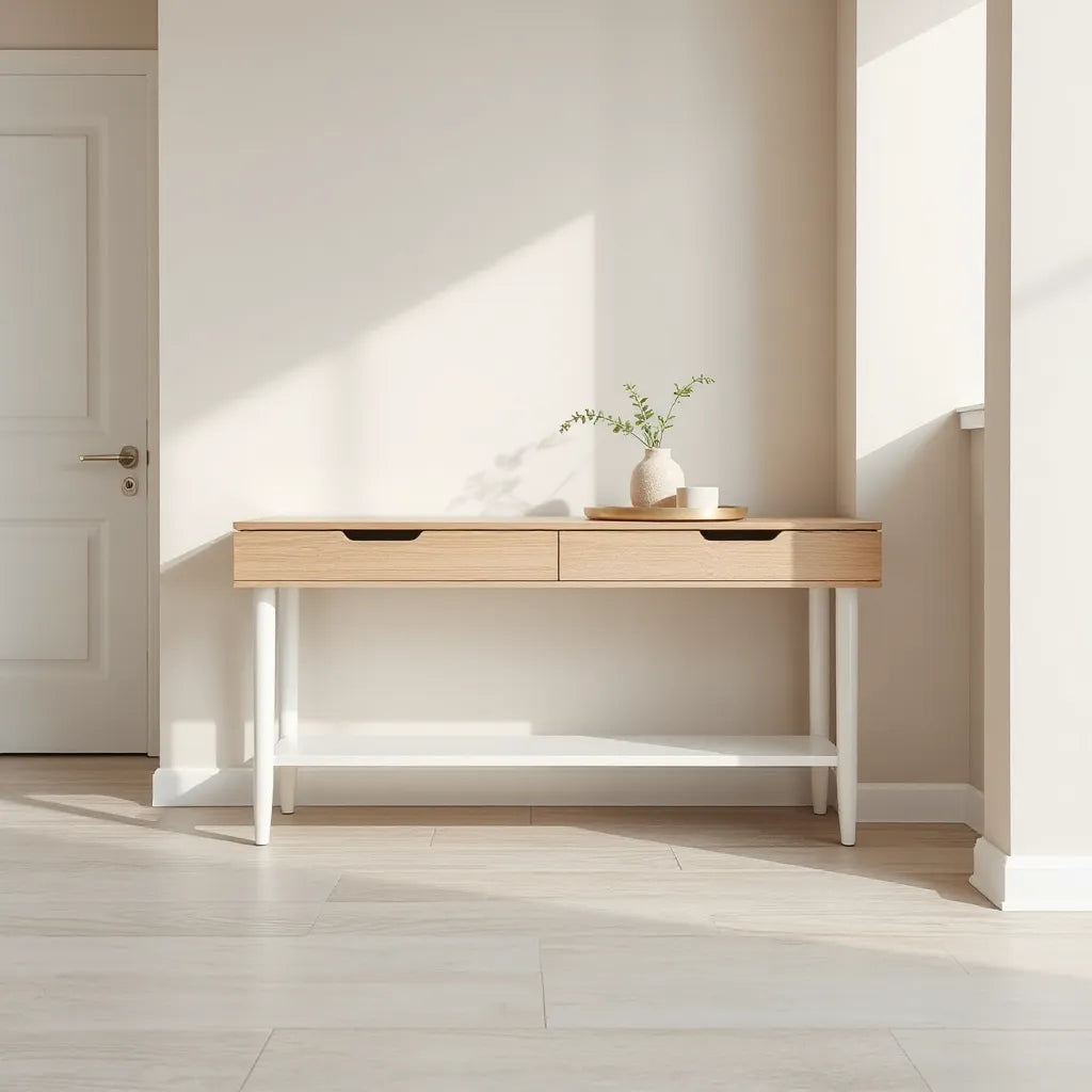 Sleek console table in a bright entryway with minimal decor and greenery