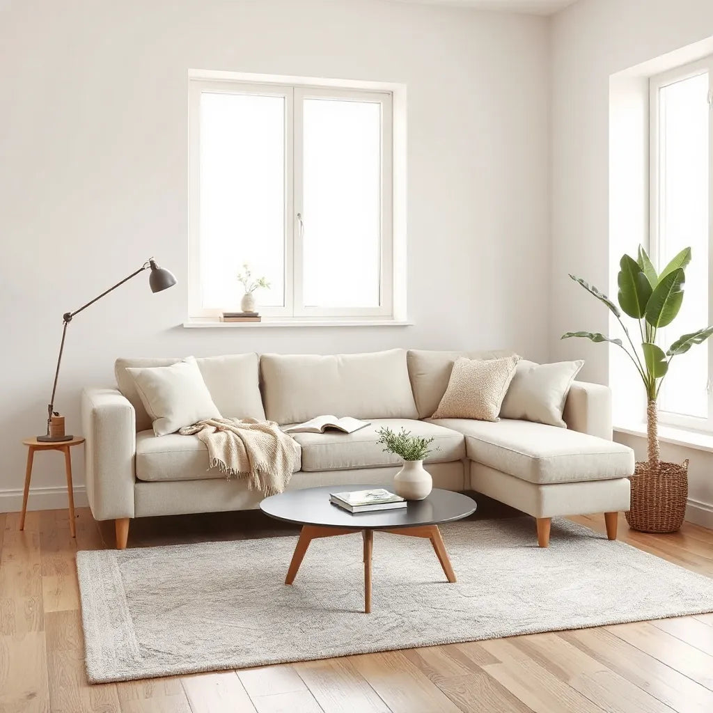 Bright modern living room with cozy seating, minimalist table, warm natural light, and indoor plant