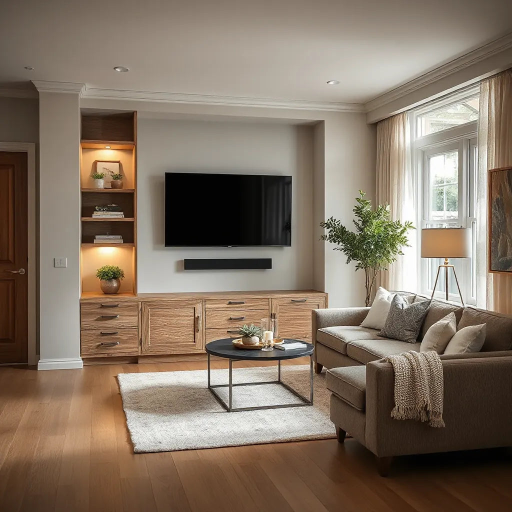 Warm, tailored living room with built-in shelving, integrated storage, and neutral custom finishes