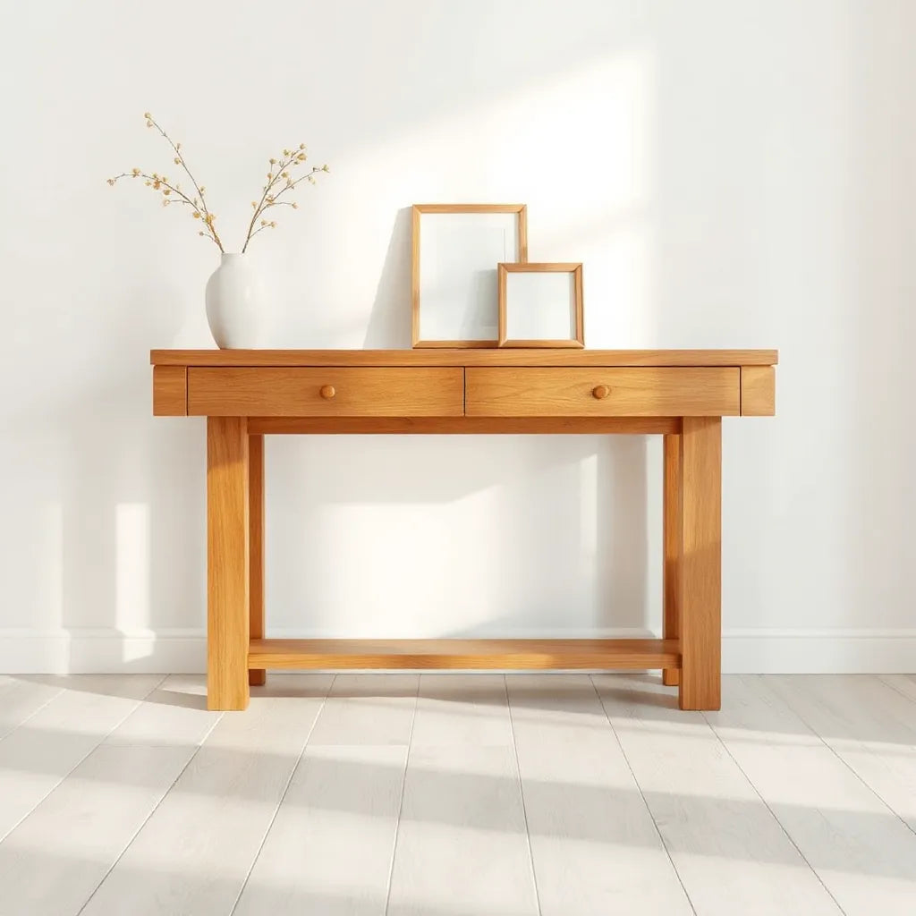 Solid wood veneer console table styled simply with a vase and framed photo in a bright living room