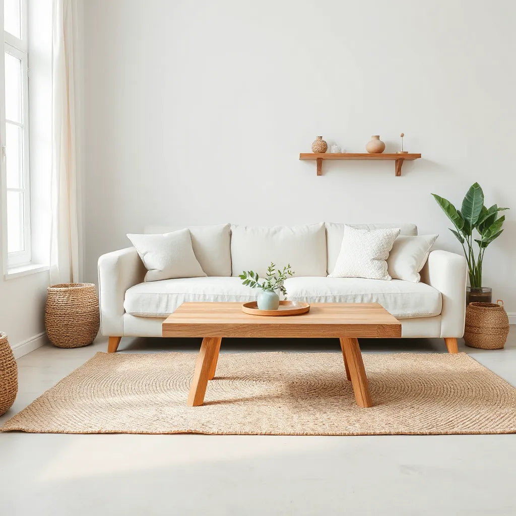 Neutral living room featuring linen sofa, solid wood table, woven rug, and natural plant
