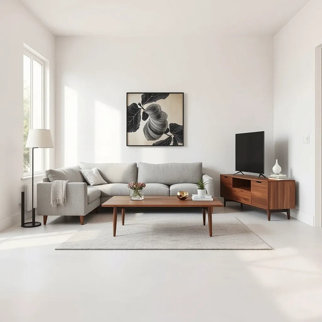 Modern living room with contemporary sofa, sleek coffee table, minimalist decor, and natural daylight