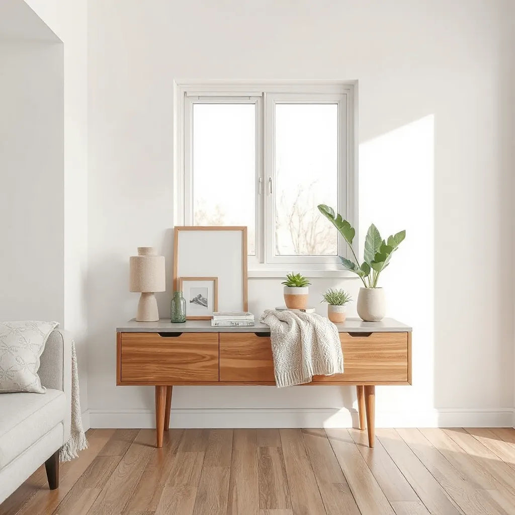 A styled living room corner with a console table, natural light, warm textures, and minimal decor