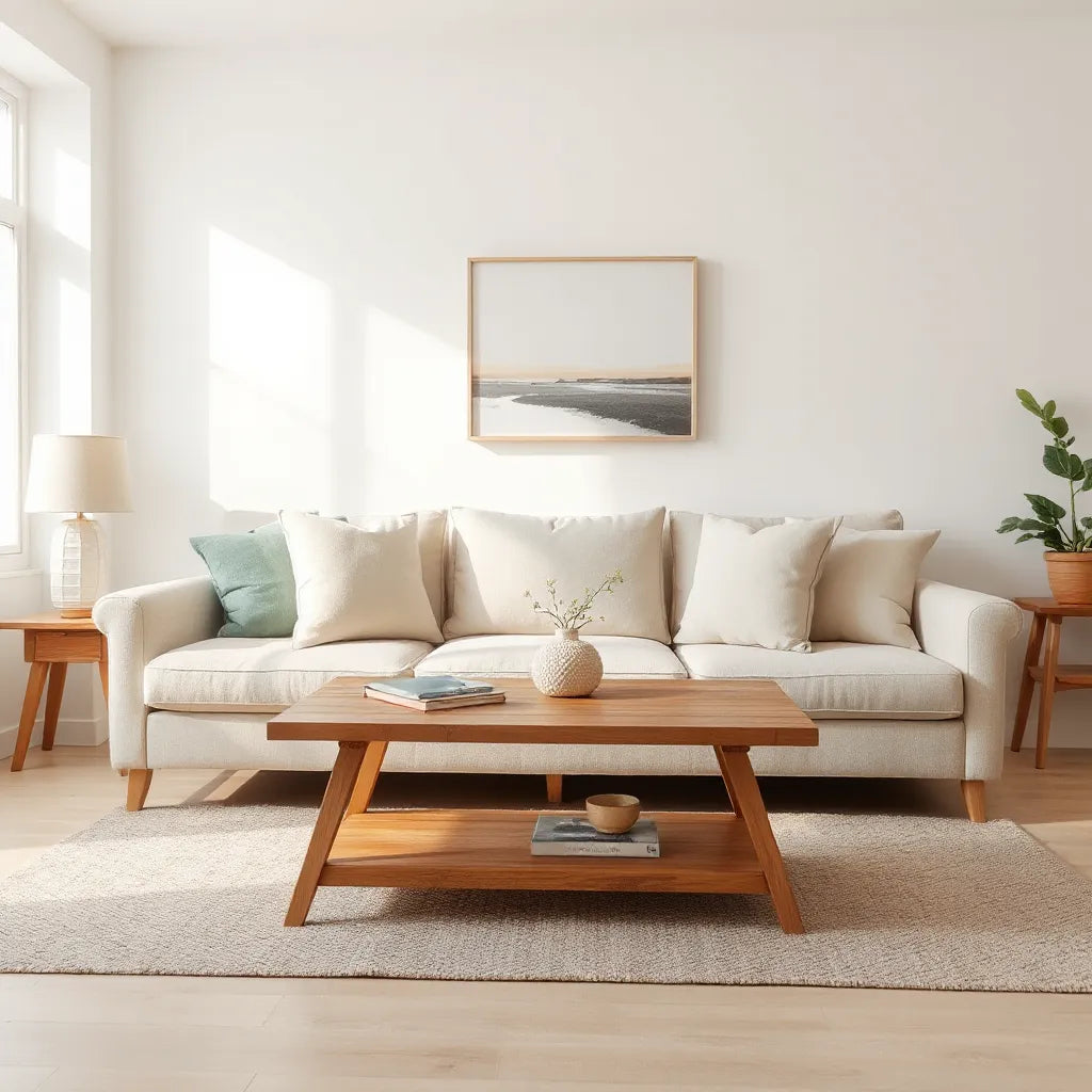 Bright living room with coordinated decor, neutral sofa pillows, and a styled coffee table